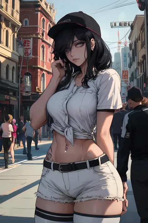 ((detailed eyes:1.2), detalied face, (dross), (solo:1.2), intricate details, ultra details, best quality, ultra quality, all focus),
(busy street, daytime),
1 girl, milf, mature female, older woman, black hair, purple eyes, pink baseball cap, navel_piercing, tattoos, arm tattoo, white thigh highs, white shirt, black shorts,