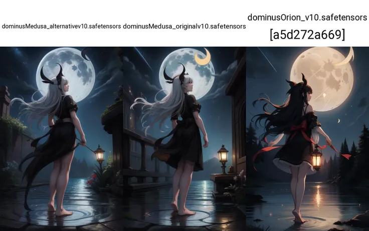 detailed,(masterpiece, best quality:1.1),<lora:add_detail:0.7>,1girl,barefoot,bow,crescent moon,from behind,glowing,lantern,long hair,medium hair,moon,night,night sky,outdoors,sky,solo,standing,star \(sky\),starry sky,water,