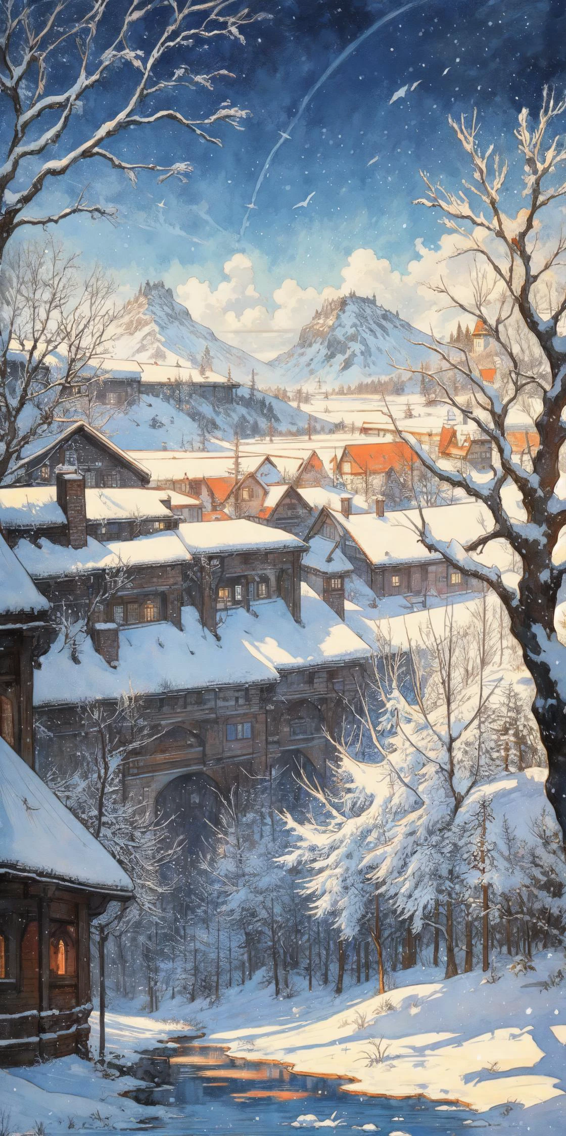 a beautiful winter landscape, Style by Peter Bruegel+Anton Pieck+Ferdinand Knab+Franz Marc+Eugene Galien-Laloue, gouache, watercolor, delicate pencil line art, perfect composition, trending on artstatio