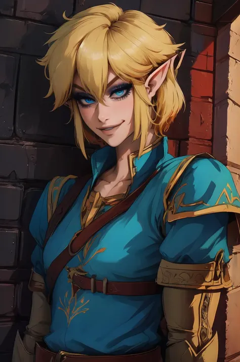 Link,short blond hair,pointy ears, blue eyes,  light makeup, 
 LGear,belt,bridal gauntlets, blue tunic, 
mercenary tavern, 
(insanely detailed, beautiful detailed face, masterpiece, best quality) standing, upper body, smiling, 
 <lora:fbLink-10v6:0.7>