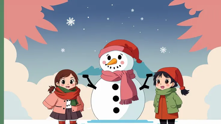 christmas card,
vintage 90's anime style,best quality,masterpiece,highly detailed,ultra-detailed,1other,<lora:cartoon-photo_V2:1>,<lora:Flat_Design_last:2>,<lora:vintage 90's anime style_last:1>,
snowman,
When it starts to snow,you want to go outside and play in the snow. Snowball fights,snowball building and,of course,'snowmen'!ã Roll snowballs around and make them grow bigger,then decorate them with buckets and tree branches to make a cute snowman. Today,let's draw a picture of a snowman.,