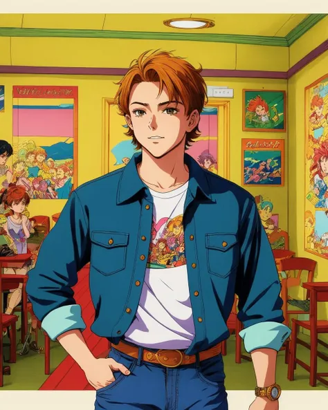 best quality,masterpiece,highly detailed,ultra-detailed comic illustration of 1boy ,shirt, jeans,
indoors cafe
<lora:tintin_last:2.5> , vintage 90's anime style
