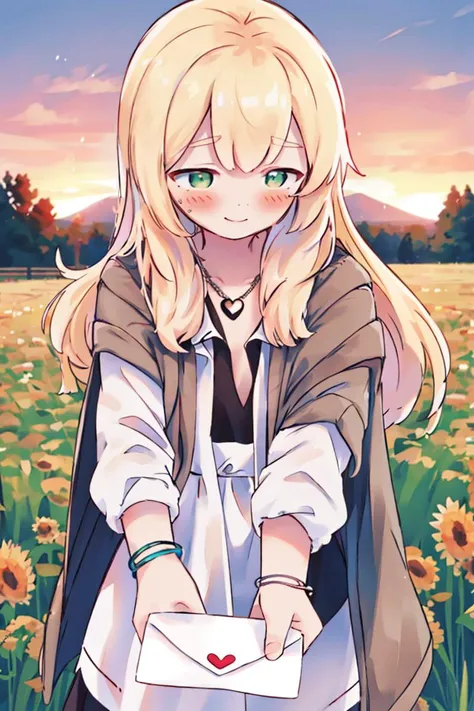 <lora:loveletterv3:1.0> love letter, pov, blush, 1girl, heart
<lora:alex:0.9> 4l3x, blonde, green eyes, happy, smile, arms out, holding, holding letter, small breasts, (white blouse, jacket, red summer dress:1.3), thighhighs,
evening, sunset, colorful sky, country road, wheat fields, dirt road,