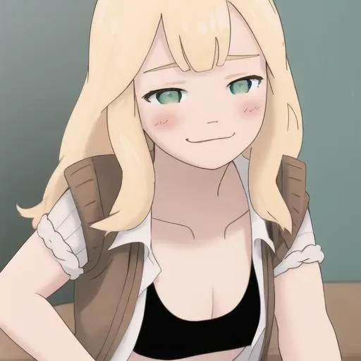 <lora:alex-06:1>, 4l3x, 1girl, blonde, green eyes, brown sweater, white short sleeves, open clothes, black sports bra, smiling, open mouth, teeth