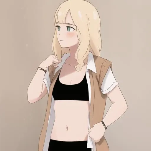 <lora:alex-06:1>, 4l3x, 1girl, blonde, green eyes, brown sweater, white short sleeves, open clothes, black sports bra, standing