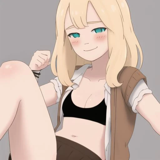 <lora:alex-06:1>, 4l3x, 1girl, blonde, green eyes, brown sweater, white short sleeves, open clothes, black sports bra, smiling
