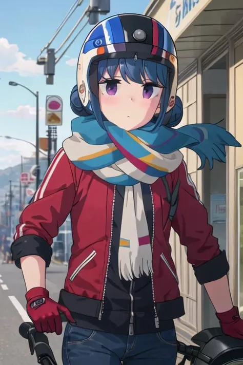 best quality, masterpiece, highres, solo, {shima_rin_yurucamp:1.15}, blue_hair, purple_eyes, closed_mouth, outdoors, single_hair_bun, hair_bun, 1girl, day, ground_vehicle, helmet, looking_at_viewer, scarf, sky, blue_sky, gloves, cloud, motor_vehicle, motorcycle_helmet, multicolored_clothes, scooter, blush, jacket, multicolored_scarf