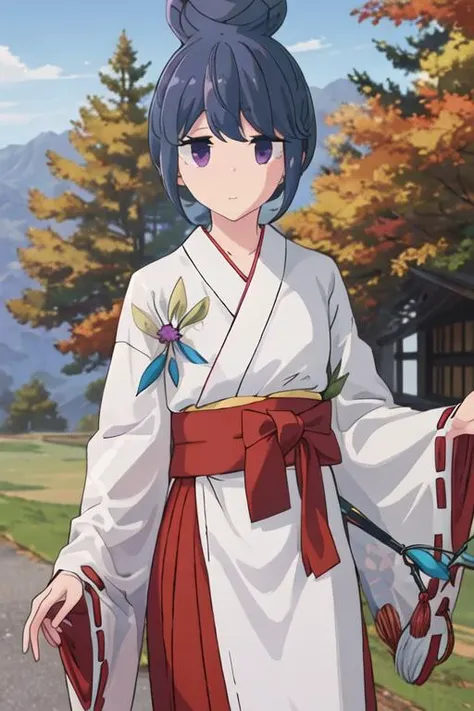 best quality, masterpiece, highres, solo, {white kimono:1.35}, {red hakama:1.35}, {wide sleeves:1.20}, {shima_rin_yurucamp:1.15}, blue_hair, purple_eyes, closed_mouth, outdoors, single_hair_bun, hair_bun