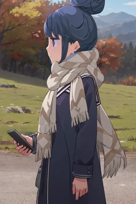 best quality, masterpiece, highres, solo, {shima_rin_yurucamp:1.15}, blue_hair, purple_eyes, closed_mouth, outdoors, single_hair_bun, hair_bun, 1girl, from_side, profile, scarf, long_hair