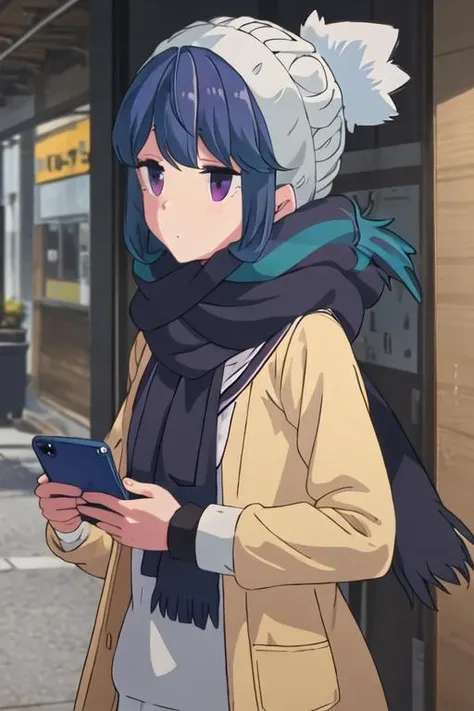 best quality, masterpiece, highres, solo, {shima_rin_yurucamp:1.15}, blue_hair, purple_eyes, closed_mouth, outdoors, single_hair_bun, hair_bun, 1girl, cellphone, holding, holding_phone, multicolored_clothes, phone, scarf, smartphone, beanie, multicolored_scarf, striped, bangs, hat, looking_at_phone, black_headwear, cup, indoors, jacket, mug