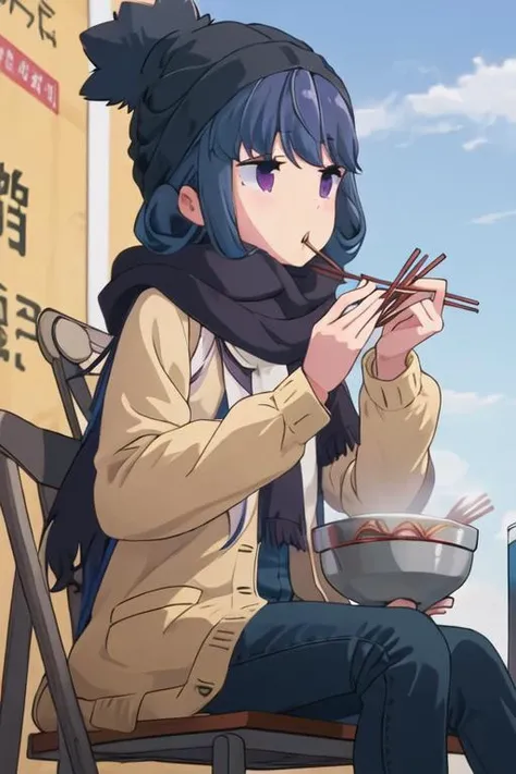 best quality, masterpiece, highres, solo, {shima_rin_yurucamp:1.15}, blue_hair, purple_eyes, closed_mouth, outdoors, single_hair_bun, hair_bun, 1girl, bangs, beanie, black_headwear, blue_sky, day, hat, holding, scarf, sky, blue_pants, jacket, long_hair, long_sleeves, pants, sitting, chopsticks, holding_chopsticks, :o, eating, open_clothes, open_mouth, sidelocks, teeth