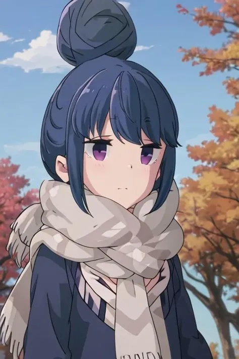 best quality, masterpiece, highres, solo, {shima_rin_yurucamp:1.15}, blue_hair, purple_eyes, closed_mouth, outdoors, single_hair_bun, hair_bun, 1girl, multicolored_clothes, multicolored_scarf, scarf, striped_scarf, blue_sky, blush, day, jacket, sky, striped, bangs, tree, blurry, cloud, upper_body