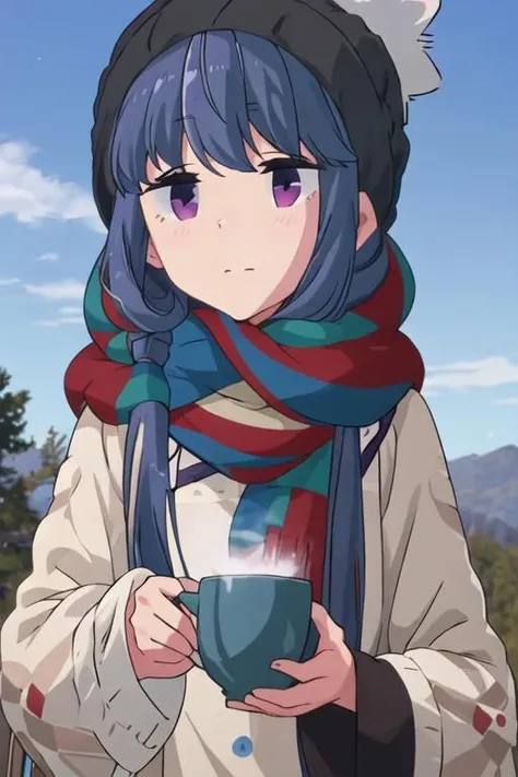 best quality, masterpiece, highres, solo, {shima_rin_yurucamp:1.15}, blue_hair, purple_eyes, closed_mouth, outdoors, single_hair_bun, hair_bun, 1girl, long_hair, night, night_sky, sky, beanie, hat, scarf, bangs, cup, holding, holding_cup, long_sleeves, steam
