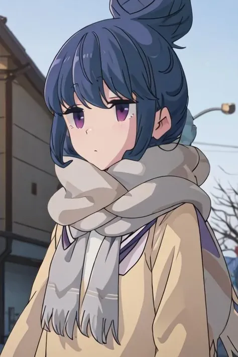 best quality, masterpiece, highres, solo, {shima_rin_yurucamp:1.15}, blue_hair, purple_eyes, closed_mouth, outdoors, single_hair_bun, hair_bun, 1girl, motosu_school_uniform, scarf, school_uniform, upper_body, grey_scarf, gradient_background, gradient, long_sleeves, sailor_collar