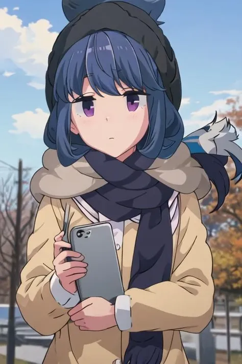 best quality, masterpiece, highres, solo, {shima_rin_yurucamp:1.15}, blue_hair, purple_eyes, closed_mouth, outdoors, single_hair_bun, hair_bun, 1girl, bangs, beanie, blue_sky, cloud, hat, scarf, sky, long_hair, day