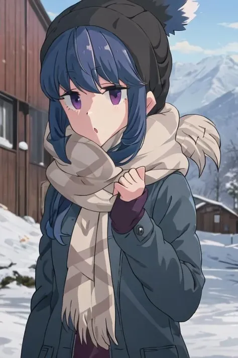 best quality, masterpiece, highres, solo, {shima_rin_yurucamp:1.15}, blue_hair, purple_eyes, closed_mouth, outdoors, single_hair_bun, hair_bun, 1girl, :o, bangs, beanie, hat, long_hair, scarf, parted_lips, jacket, winter_clothes