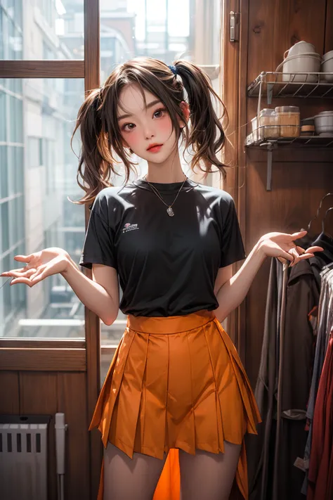 1girl, casual clothes, t-shirt, pleated skirt, twintails, long hair, short sleeves, standing, (:|:1.0), shrugging, hands up, bare arms, indoors, w arms, facing viewer, room, head tilt
BREAK
indoors, sunlight, raytracing <lora:add_detail:1>