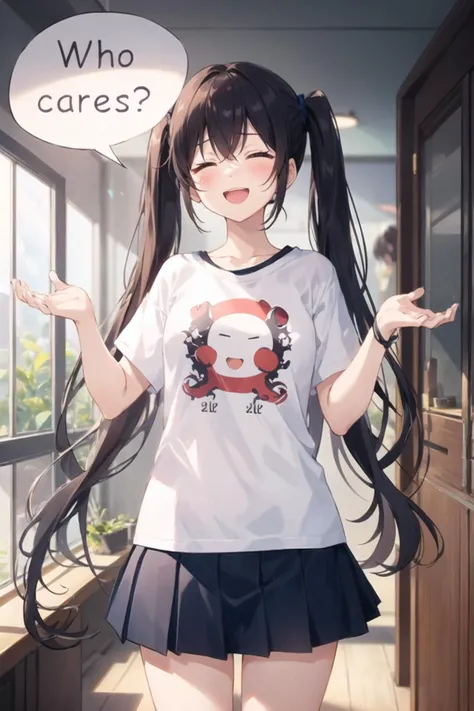 1girl, casual clothes, t-shirt, pleated skirt, twintails, long hair, short sleeves, standing, closed eyes, (:D:1.0), shrugging, hands up, bare arms, indoors, w arms, facing viewer, room, head tilt, speech bubble