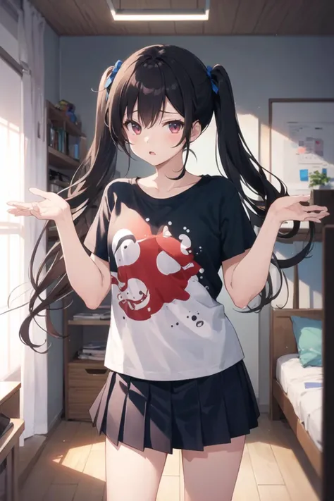 1girl, casual clothes, t-shirt, pleated skirt, twintails, long hair, short sleeves, standing, (:|:1.0), shrugging, hands up, bare arms, indoors, w arms, facing viewer, room, head tilt