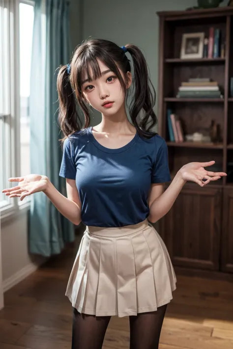 1girl, casual clothes, t-shirt, pleated skirt, twintails, long hair, short sleeves, standing, (:|:1.0), shrugging, hands up, bare arms, indoors, w arms, facing viewer, room, head tilt
BREAK
indoors, sunlight, raytracing <lora:add_detail:1>