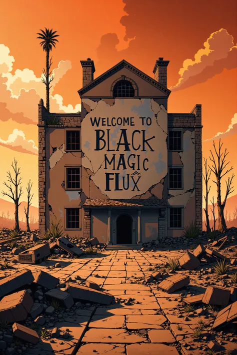 Welcome to Black Magic Flux!â is scrawled in faded, spray-painted letters across the crumbling facade of a ruined building. The sky is a sickly orange, tinged with ash and dust, while the ground is littered with broken metal, decayed vehicles, and skeletal remains of civilization. The air is dry and scorched, with distant, twisted trees struggling to survive. A faint wind carries the eerie howl of the dead world, and the whole vibe reeks of desperation and dark magic amidst the decay