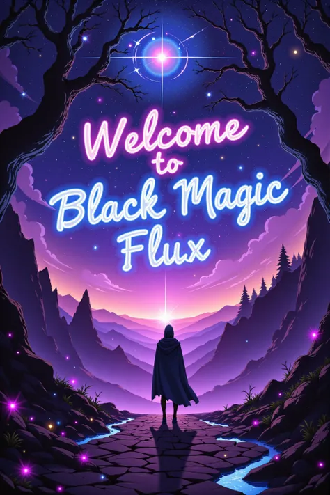 Glowing words, 'Welcome to Black Magic Flux!' are suspended in the twilight sky, surrounded by swirling purple and blue mist. Ethereal, soft starlight shines down, with faint shimmering particles floating in the air. The scene radiates a mystical aura, with dark, shadowy trees in the distance fading into the horizon. The entire atmosphere feels otherworldly, like a forbidden gateway between realms, with an enigmatic energy pulsing in the background.