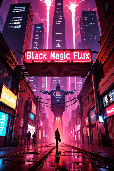 anime, Welcome to Black Magic Flux!â blares in flickering, blood-red neon, half-glitching like itâs barely holding on in this gritty, tech-ravaged hellscape. Skyscrapers loom overhead, their windows cracked and dark, while smog and digital static fill the air. Hovercars zoom by above in a blur of neon trails. Rusted cables snake through the streets, and holograms flicker between ads and static interference. The atmosphere hums with an oppressive, high-tech menace, like a world on the brink of collapse