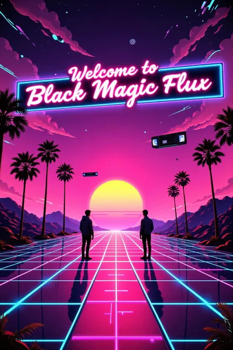 Neon text reading 'Welcome to Black Magic Flux!' hovers in a retro-futuristic skyline, bathed in pink, purple, and electric blue hues. Gridlines stretch across the ground beneath a digital sunset, casting vibrant gradients across palm trees and glitchy geometric shapes. The air is filled with floating VHS tapes, pixelated artifacts, and shimmering synthwave patterns, pulsing to the beat of a distant 80s-inspired soundtrack. The whole scene feels like a nostalgic trip into a distorted, dreamlike cyberspace.