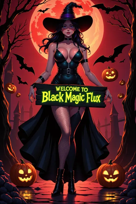 "A sultry witch stands under a blood-red moon, holding a sign that says 'Welcome to Black Magic Flux!' in glowing, green ectoplasm-like letters. Sheâs rocking a skin-tight, low-cut black dress with fishnet stockings, thigh-high boots, and a witch hat tilted just right, her dark hair cascading in messy waves. Her large breasts and curves are barely contained by the outfit, teasing with every movement. The air is thick with magic, swirling with ghostly wisps and flickering jack-o'-lanterns that float around her. Black cats and glowing-eyed bats fly overhead as she smirks wickedly, ready to pull you into a night of unholy, haunted fun. The whole vibe is pure, unfiltered Halloween seductionâdark, dangerous, and fucking irresistible."