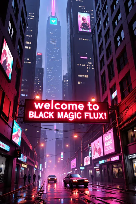 Welcome to Black Magic Flux!â blares in flickering, blood-red neon, half-glitching like itâs barely holding on in this gritty, tech-ravaged hellscape. Skyscrapers loom overhead, their windows cracked and dark, while smog and digital static fill the air. Hovercars zoom by above in a blur of neon trails. Rusted cables snake through the streets, and holograms flicker between ads and static interference. The atmosphere hums with an oppressive, high-tech menace, like a world on the brink of collapse