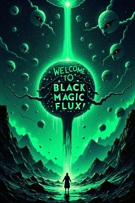 Welcome to Black Magic Flux!â materializes in eerie, green bioluminescent letters, floating against the backdrop of a swirling, star-filled void. The sky pulses with alien energy, while unspeakable creatures writhe in the dark corners of your vision, barely discernible but ever-present. Massive, incomprehensible shapes drift in the distance, as if the cosmos itself is alive and watching. The air crackles with an ominous tension, filled with whispers from beyond reality, a gateway to something far beyond human comprehension.