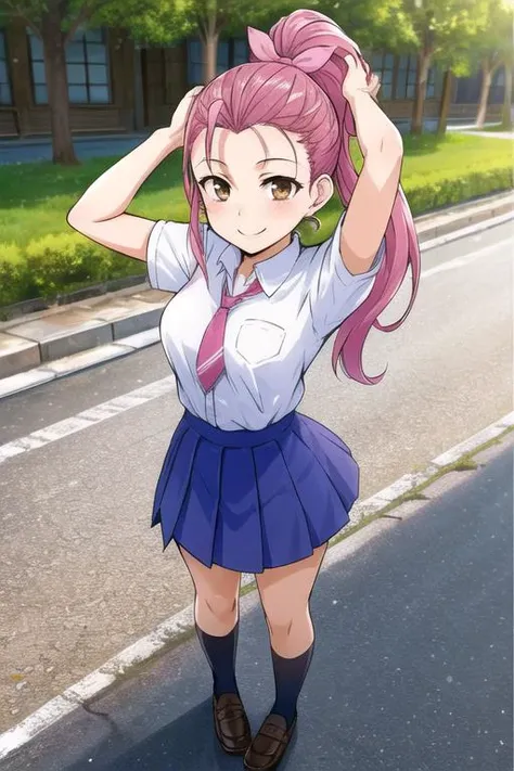 masterpiece, best quality, detailed face, HULansley, 1girl, pink hair, medium breasts, ponytail, brown eyes, hair pulled back, hair slicked back, <lora:HULansley:0.5>, school uniform, skirt, dress shirt, short sleeves, hair ribbon, standing, outdoors, school, smile, full body, arms up, stretching,