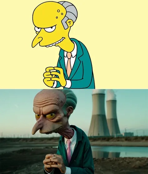 professional cinematic photograph portrait film 35mm of Mr. Burns with gray hair photograph wearing a teal suit coat and a pink tie, highly detailed photograph, white teeth, standing in front of a nuclear power plant, photograph, big white eyes