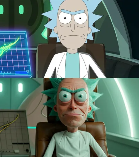 professional cinematic photograph portrait film 35mm of a man with spiky gray hair wearing a white lab coat and teal undershirt, and drooling on himself in a futuristic laboratory, skinny arms sitting in a brown leather chair, (big eyes:1.2) highly detailed, rick and morty, frowning
