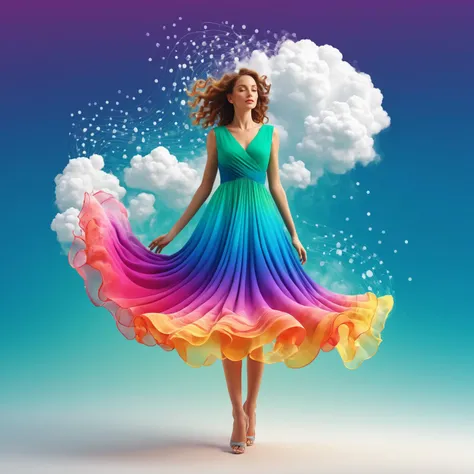 beautiful woman in colorful dress, gradient simple colors, composed of particles swirling abstract graphics, whimsical clouds