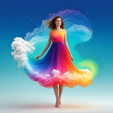 beautiful woman in colorful dress, gradient simple colors, composed of particles swirling abstract graphics, whimsical clouds