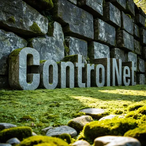 photo of Giant epic stone letters, detailed stone surface, some cracks on letters, moss on stone letters, natural shadows