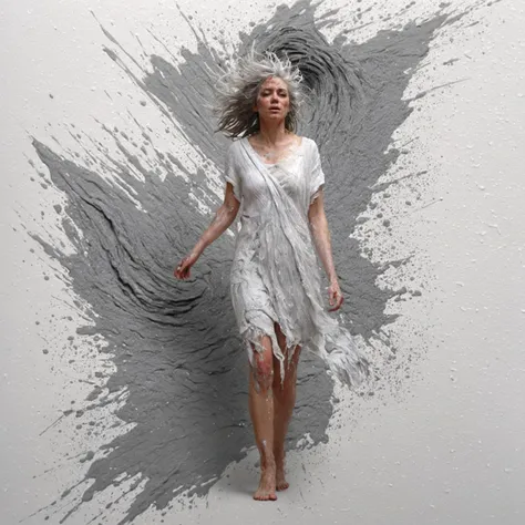 painting of a female fading into the background, female blending into the white textured background, lost expression, rough paint strokes across her face, bright white, only shades of white, some light grey, messy hair, thick texture, rough paint strokes, rough texture, white background, detailed matte painting, insanely detailed, deep color, splash screen, fantasy concept art