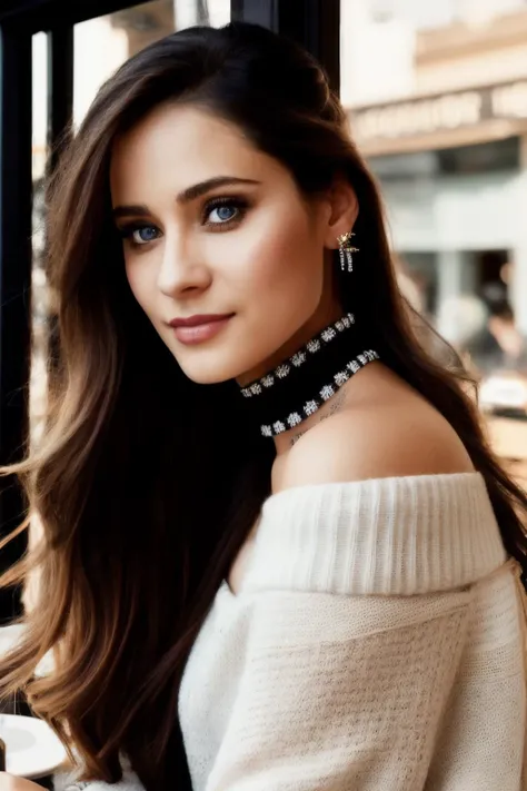 zoy piercing eyes, looking straight, very happy,long hair, wearing an off-shoulder sweater, choker, closeup portrait, in a outdoor cafe in 2015, afternoon light, <lyco:ZoeyD-RealVision-V1.0:1.0>