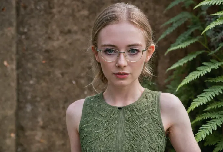 cinematic film still <lora:PetiteNymphet_SDXL_v1.0:1.1>
professional fashion photography, (upper body), honest, RAW, cold tones, sharp, body focus, (pale skin:1.1), ((ohwx woman)) posing in a
Sleeveless round neck dress in textured olive green,
.hyper detailed, two-tone lighting, subsurface scattering, caustics, cinematic, in style of Platon shot on Canon EOS 5D Mark IV 24-70mm f/2.8 1/125s 400 Natural light, reflectors, open arms, (outdoors, middle of fern gully, vista, rule of thirds, surrounded by colorful vivid flora:1.1), epic photo . 35mm photograph, film, bokeh, professional, 4k, highly detailed, smirk, Black cat eye frames, light-blue eyes . shallow depth of field, vignette, highly detailed, high budget, bokeh, cinemascope, moody, epic, gorgeous, film grain, grainy