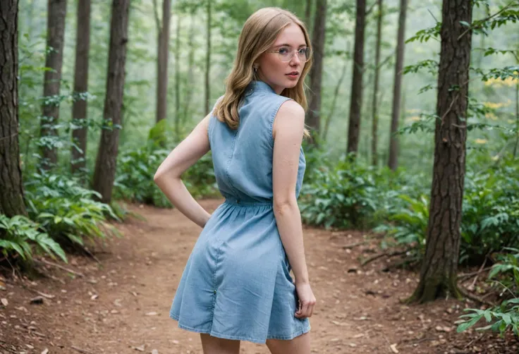 cinematic film still <lora:PetiteNymphet_SDXL_v1.0:1.1>
professional documentary photography, honest, RAW, (shot from side, side profile:1.2), sharp, pale skin, ((ohwx woman)) posing in a
Sleeveless crew neck shirtdress in chambray Straight skirt Espadrilles Cat eye sunnies The easy shirtdress shape allows this to function as a beach coverup or day to evening look.,
.hyper detailed, two-tone lighting, subsurface scattering, caustics, cinematic, in style of Platon shot on Canon EOS 5D Mark IV 24-70mm f/2.8 1/125s 400 Natural light, reflectors,
(Great Smoky Mountains, Tennessee Old forest paths Appalachian mountain range Verdant valleys below Foreground middleground and background Ancient trees engulf the scene Mist hangs in the woods at dawn:1.1),
epic photo . 35mm photograph, film, bokeh, professional, 4k, highly detailed, smirk, light-blue eyes . shallow depth of field, vignette, highly detailed, high budget, bokeh, cinemascope, moody, epic, gorgeous, film grain, grainy