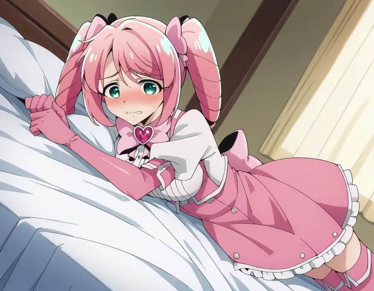 score_9, score_8_up, score_7_up, source_anime,
harukahanabishi, <lora:haruka-hanabishi-ponyxl-lora-nochekaiser:1>
haruka hanabishi, twintails, green eyes, pink hair,
thighhighs, gloves, dress, bow, magical girl, pink gloves,
indoors, bed, bed room, on side, blush, drunk,
looking at viewer, dutch angle, cowboy shot