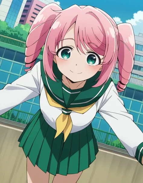 score_9, score_8_up, score_7_up, source_anime, harukahanabishi, haruka hanabishi, twintails, green eyes, pink hair, skirt, shirt, long sleeves, , white shirt, pleated skirt, serafuku, sailor collar, neckerchief, green skirt, green sailor collar, outdoors, cityscape, bent over, smile, looking at viewer, dutch angle, blush, open mouth, big mouth, tongue, tongue out, close up, saliva, uvula, uvula, room, mouth focus, excessive saliva, selfie, huge mouth, large tongue, long tongue, , selfie. ,crazy smile
