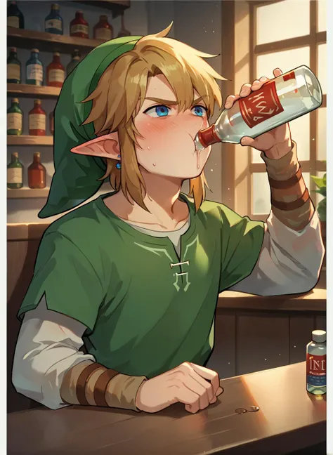 link, blush, bottle, drinking, <lora:xl_katyusha_chug(pony):1>, score_9, score_8_up, score_7_up, score_6_up,