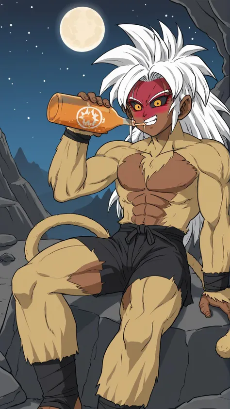 <lora:Sento_Saiyans_XL:0.8> Sento Saiyan, body fur, blonde fur, dark skin, dark-skinned, white hair, black sclera, yellow eyes, blonde monkey tail, red facepaint, grin, full moon, stars, canyon, rock, <lora:xl_katyusha_chug(kohaku_delta):0.8> drinking, solo, bottle, blush, score 9, score 8 up, score 7 up, score 6 up, score 5 up, score 4 up, BREAK,