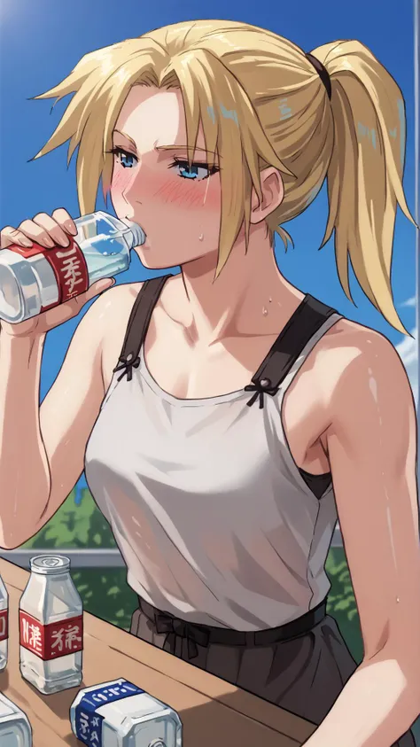 <lora:ff7claudia-pdxl-nvwls-v1:0.8> ff7Claudia, 1girl, blonde hair, ponytail,  <lora:xl_katyusha_chug(kohaku_delta):0.8> drinking, solo,bottle, blush, score 9, score 8 up, score 7 up, score 6 up, score 5 up, score 4 up, BREAK,