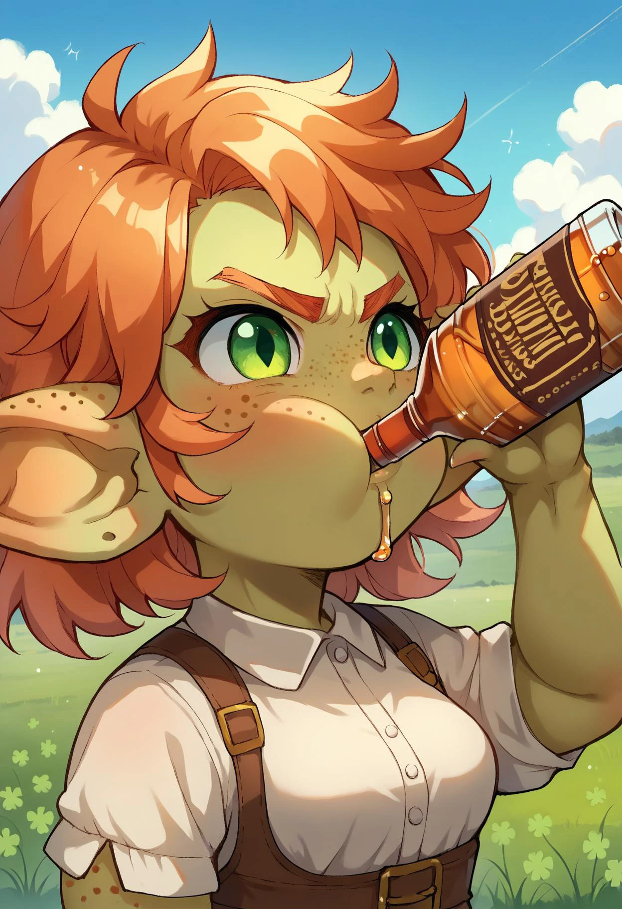score_9, score_8_up, score_7_up, rating_safe, <lora:Smooth Anime Style LoRA XL:1>, anime style, anime,
solo, (female goblin:1.3), cute face, (cute:1.2), short, (shortstack:1.3), medium breasts, drinking, whiskey bottle, blush, bust portrait, close-up, ginger hair, freckles, green eyes, clover, determined, outdoors, field,
<lora:xl_katyusha_chug(pony):0.9>