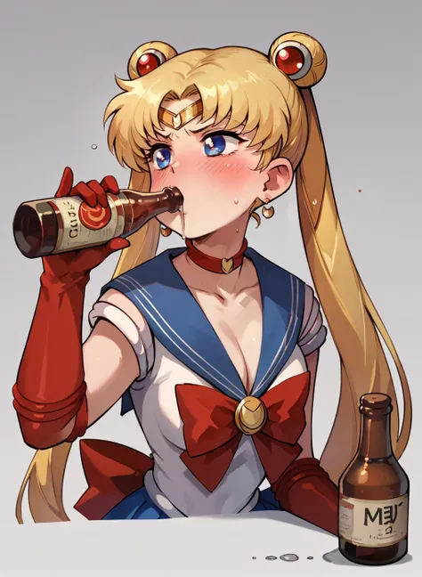 sailor moon, blush, bottle, drinking, <lora:xl_katyusha_chug(pony):1>, score_9, score_8_up, score_7_up, score_6_up,