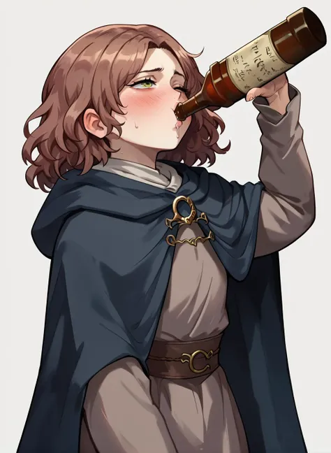 melina from elden ring, cloak, blush, bottle, drinking, <lora:xl_katyusha_chug(pony):1>, score_9, score_8_up, score_7_up, score_6_up,