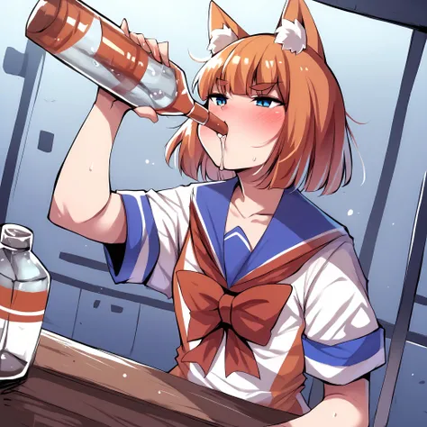 <lora:xl_katyusha_chug(pony):1>, drinking, solo, bottle, blush, score_9,_up score_8_up,up score_7_up,up score_6_up,
ffchan, white shirt, short sleeves, serafuku, fox ears, 1girl, short hair, fox girl,,
<lora:ffchan-pdxl-nvwls-v1:1>